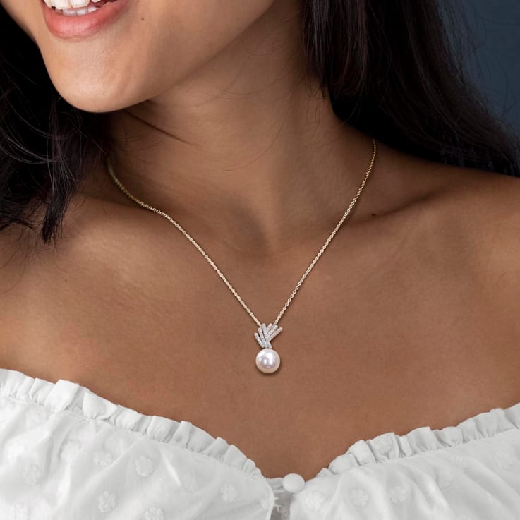 11-12mm Freshwater Cultured Pearl and Diamond Accent Drop Pendant with
Chain in Sterling Silver