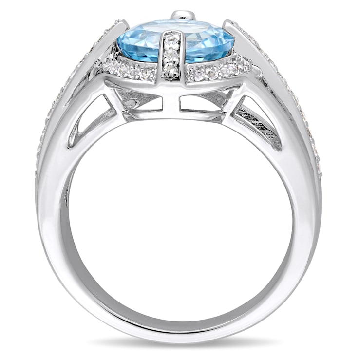 3 3/4 CT TGW Sky Blue and White Topaz Halo Split Ring in Sterling Silver
