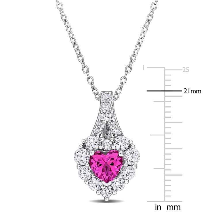 2 7/8 CT TGW Created Pink and White Sapphire Halo Heart Pendant With
Chain in Sterling Silver