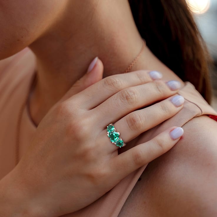 3 CT TGW Created Emerald 3-Stone Ring in Sterling Silver