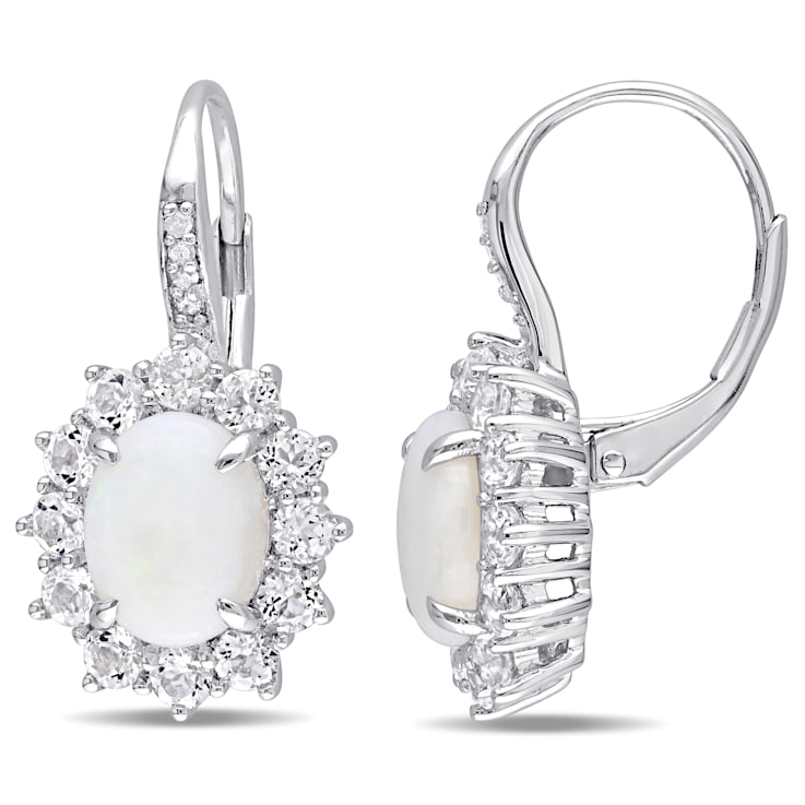 3 7/8 CT TGW Opal, White Topaz and Diamond Halo Leverback Earrings in
Sterling Silver