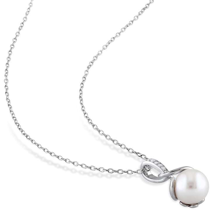 8-8.5MM Freshwater Cultured Pearl and Diamond Pendant with Chain in
Sterling Silver