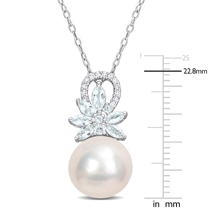 11-12MM Freshwater Cultured Pearl and 5/8 CT TGW Aquamarine and Diamond
Pendant in Sterling Silver