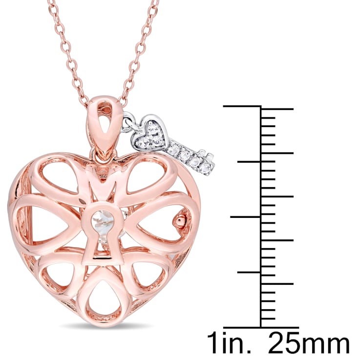 1 1/10 CTW White Topaz Heart Locket and Key Pendant in Rose Plated
Sterling Silver