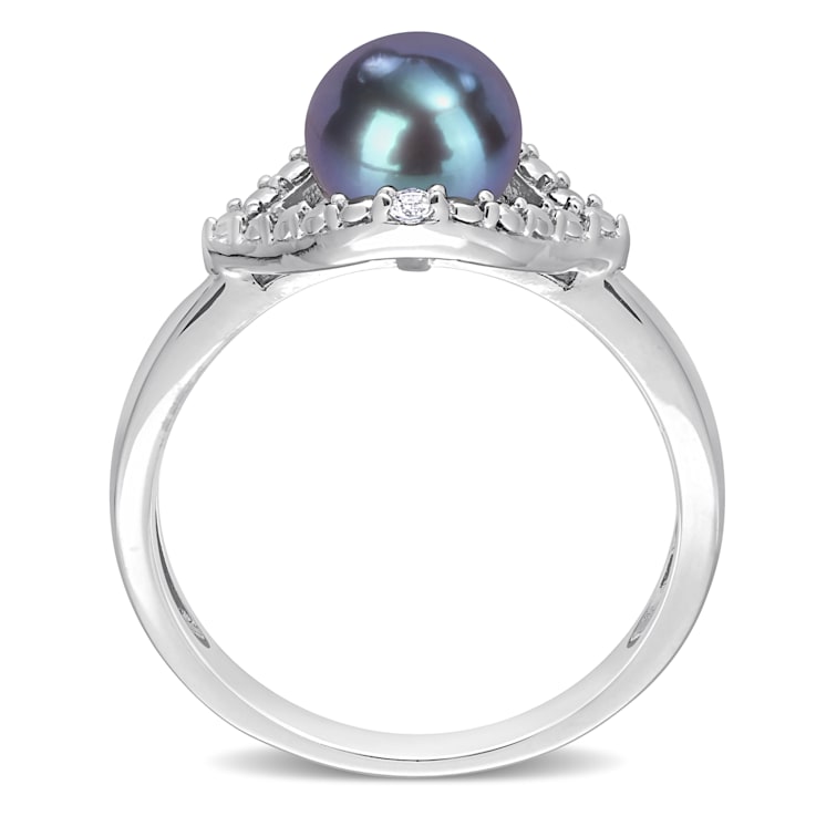 7-7.5MM Black Freshwater Cultured Pearl and White Topaz Halo Ring in
Sterling Silver