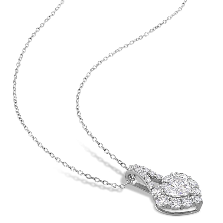 2 CT DEW Created Moissanite Halo Heart Pendant with Chain in Sterling Silver