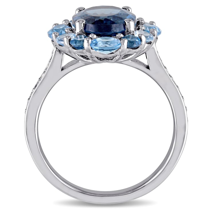 5 3/8 CTW London, Swiss and Sky Blue Topaz Halo Ring in Sterling Silver