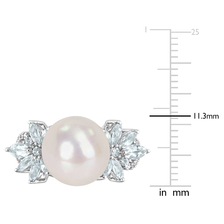 11-12MM Freshwater Cultured Pearl, 1 1/5 CT TGW Aquamarine & Diamond
Ring in Sterling Silver