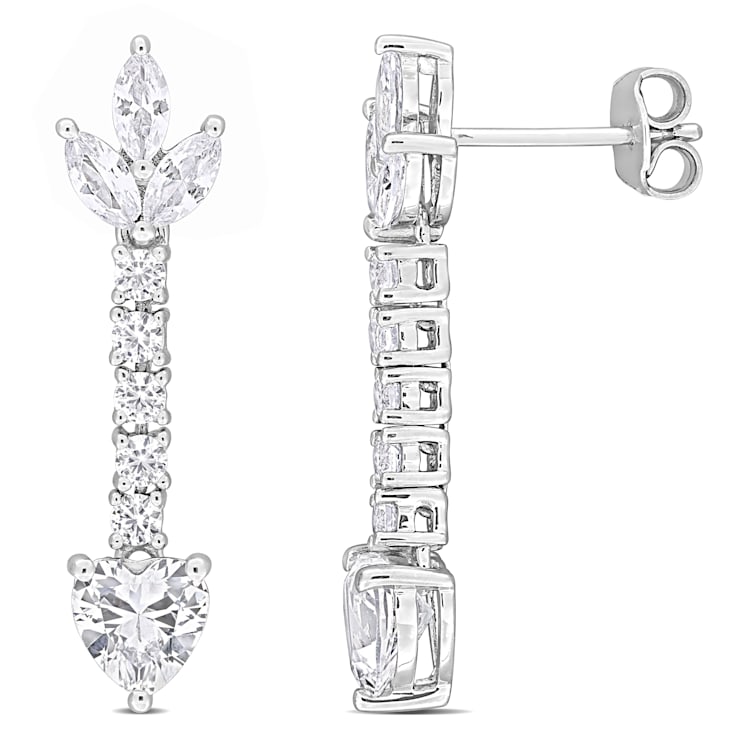 3 5/8 CT TGW Created White Sapphire Heart Drop Earrings in Sterling Silver