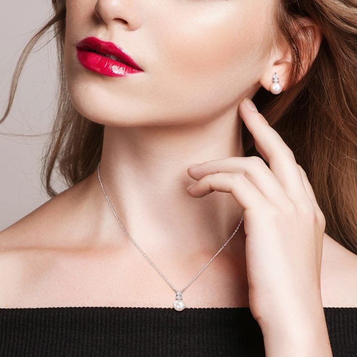 8.5-9MM Freshwater Cultured Pearl and Created Sapphire Earrings &
Necklace Set in Sterling Silver