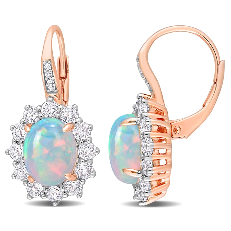 1 3/4 CT TGW Blue Ethiopian Opal, White Topaz with Diamond Earrings in
Rose Plated Sterling Silver