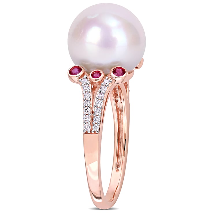 1/5 CT TGW Ruby, 11-12MM Freshwater Cultured Pearl and 1/7 CT TW Diamond
Ring in 10K Rose Gold