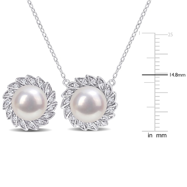 9.5-10MM Freshwater Cultured Pearl and Created Sapphire Earrings &
Pendant Set in Sterling Silver