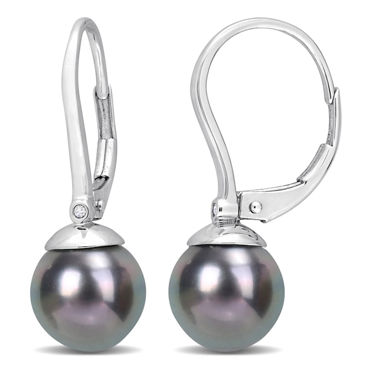 8-8.5MM Tahitian Cultured Pearl and Diamond Accent Earrings in 14K White Gold