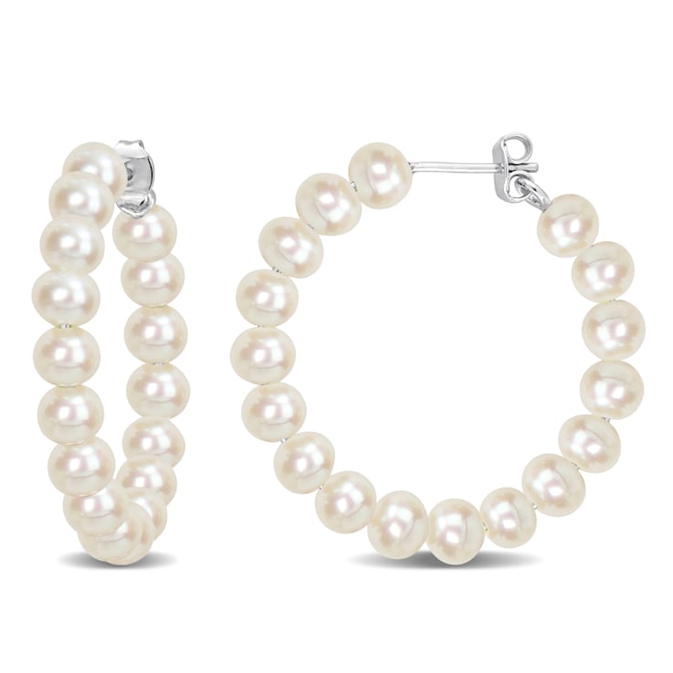 5-5.5MM Freshwater Cultured Pearl Hoop Earrings in Sterling Silver