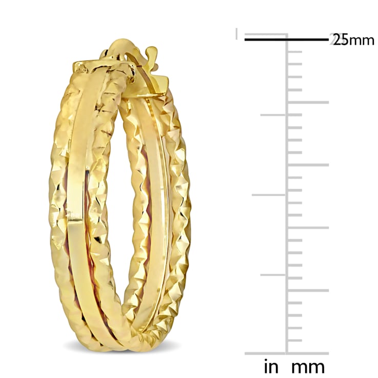 25mm 3-Row Texture and Polished Hoop Earrings in 10k Yellow