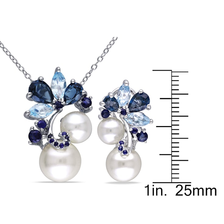 6-8.5MM Freshwater Cultured Pearl & Multi-gems Earrings and Pendant
with Chain in Sterling Silver