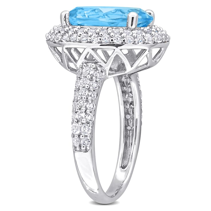 7 CT TGW Sky Blue Topaz and White Topaz Double Halo Ring in Sterling Silver