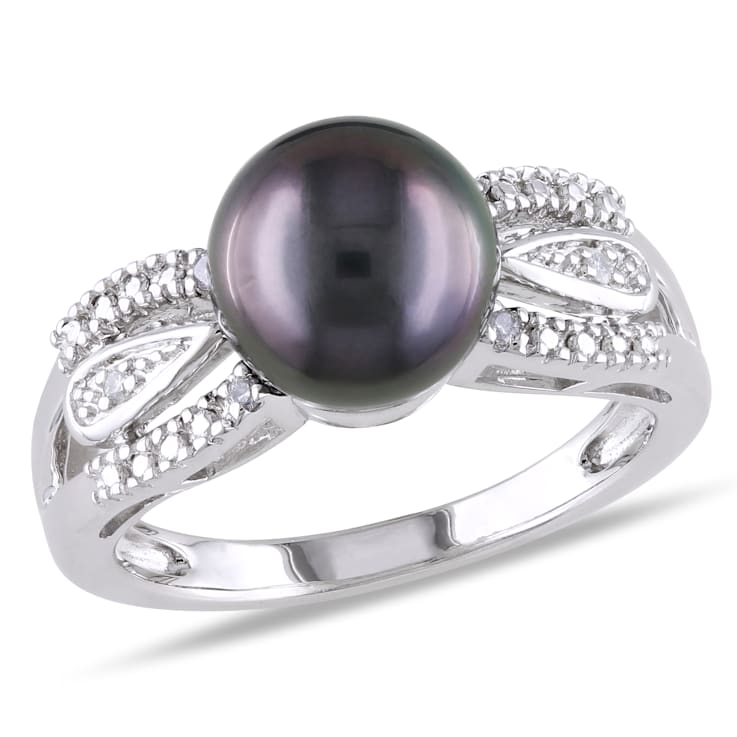9-9.5MM Black Tahitian Pearl and Diamond Split Shank Ring in Sterling Silver