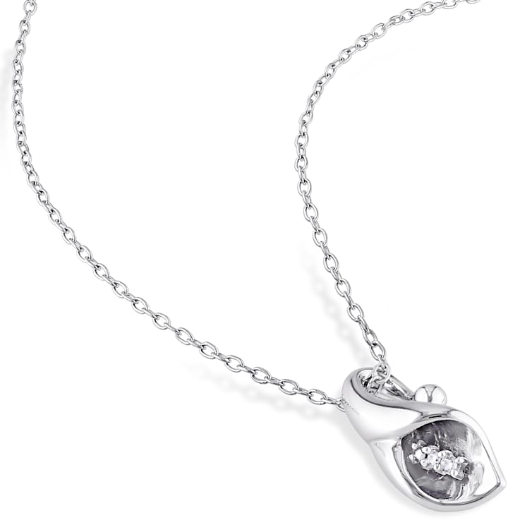 Diamond Calla Lily Pendant with Chain in Sterling Silver