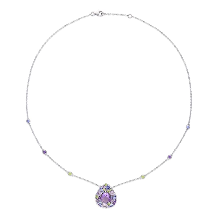 4 5/8 CT TGW Tanzanite, Rose de France, Peridot and Amethyst Teardrop
Necklace in Sterling Silver