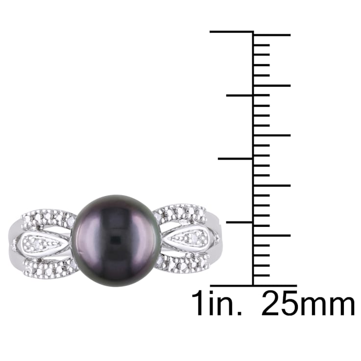 9-9.5MM Black Tahitian Pearl and Diamond Split Shank Ring in Sterling Silver