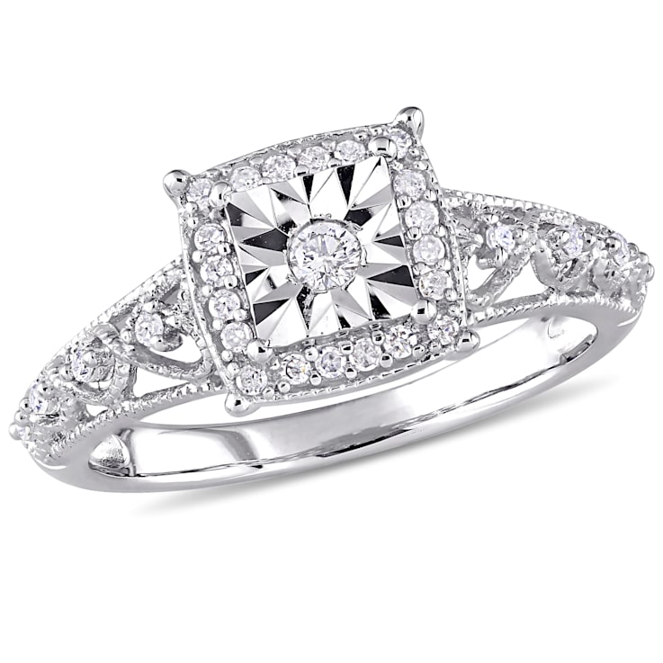 1/5 CT TW Diamond Square Halo Vintage Promise Ring in Sterling Silver