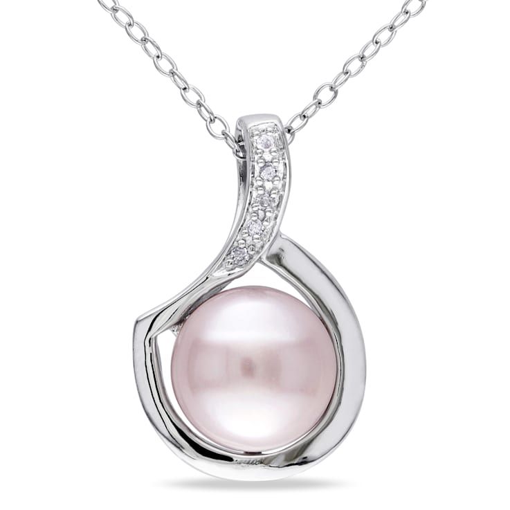 9-9.5MM Pink Freshwater Cultured Pearl and Diamond Pendant with Chain in
Sterling Silver