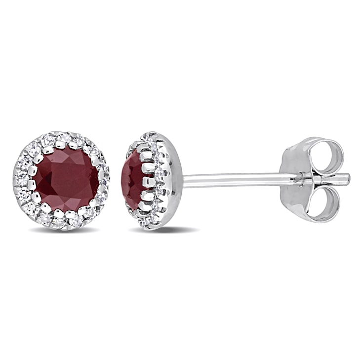 3/4 CT TGW Ruby and 1/8 CT TW Diamond Halo Stud Earrings in 14K White Gold