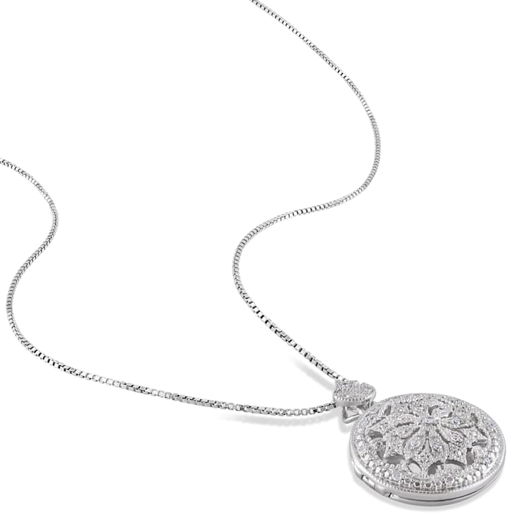 1/10 CT TW Diamond Floral Vintage Locket Pendant with Chain in Sterling Silver