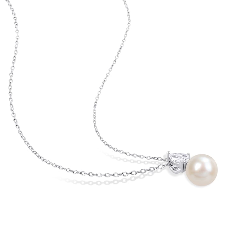 8.5-9MM Freshwater Cultured Pearl and Created Sapphire Earrings &
Necklace Set in Sterling Silver