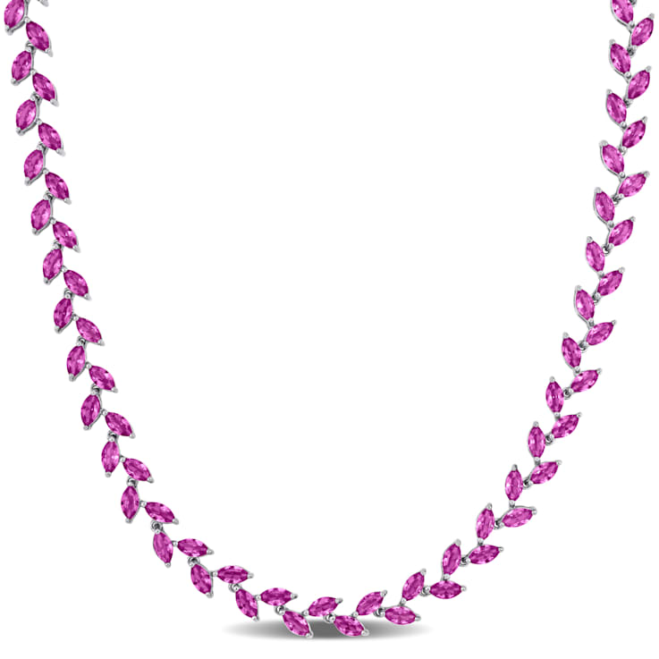 29 1/2 CT TGW Created Pink Sapphire Leaf Necklace in Sterling Silver