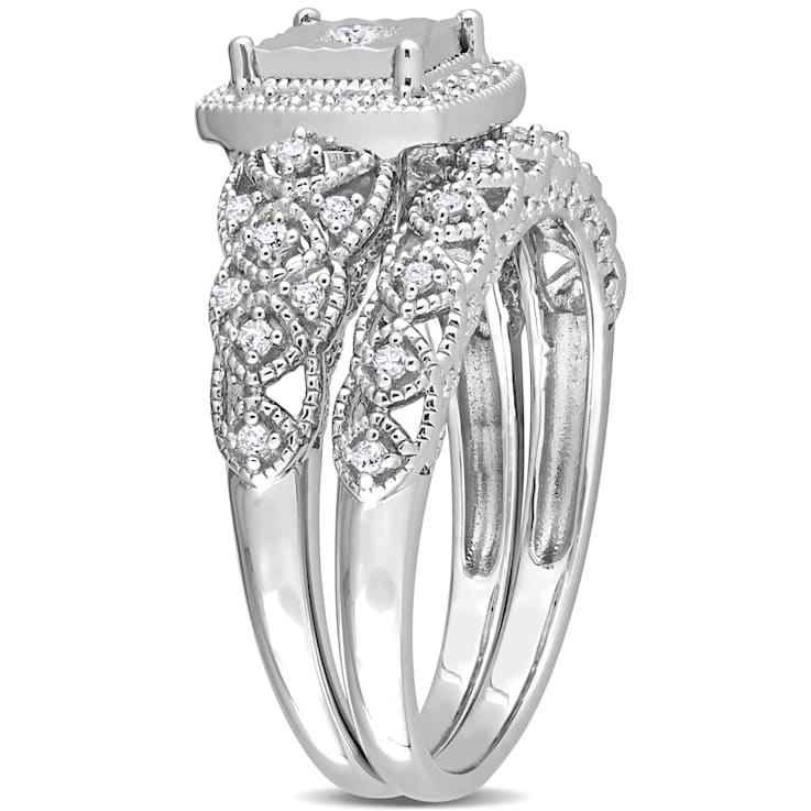 1/3 CT TW Diamond Square Halo Bridal Ring Set in Sterling Silver