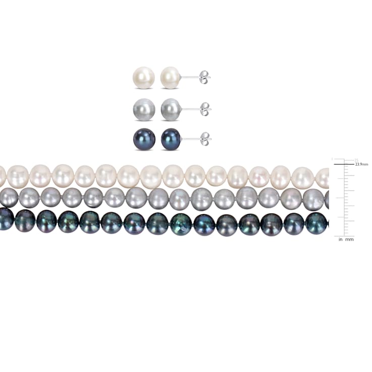 7.5-8MM Multi-Color Freshwater Cultured Pearls Necklace, Bracelet &
Earrings Set in Sterling Silver