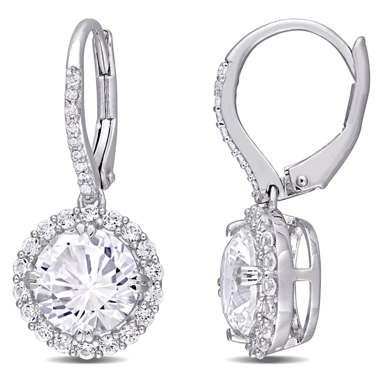 5/12ctw Created White Sapphire and 1/10ctw Diamond Halo Drop Earrings in
Sterling Silver