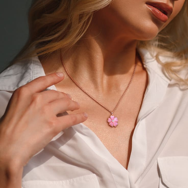 1/10 CT TGW White Topaz with Pink Enamel Flower Pendant with Chain in
Rose Plated Sterling Silver