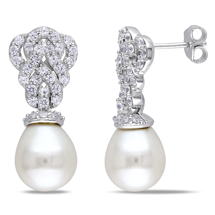 9-9.5MM Freshwater Cultured Pearl With Created Sapphire Drop Earrings in
Sterling Silver