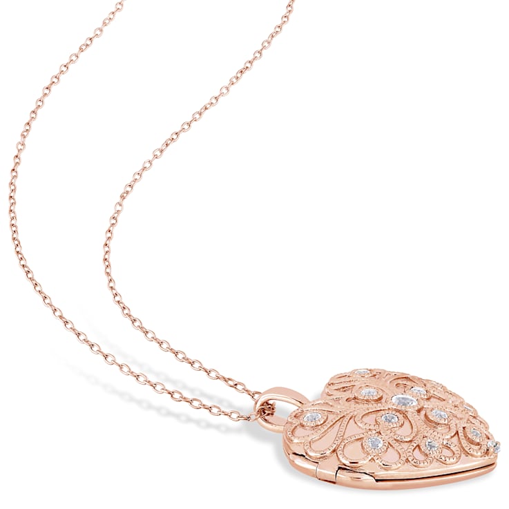 5/8 CT TGW White Topaz Heart Locket Necklace in Rose Plated Sterling Silver