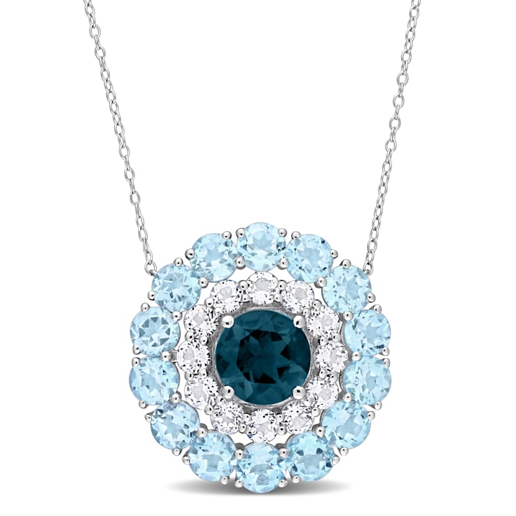 14.60 CTW London Blue, Sky Blue and White Topaz Double Halo Sterling
Silver Pendant with Chain