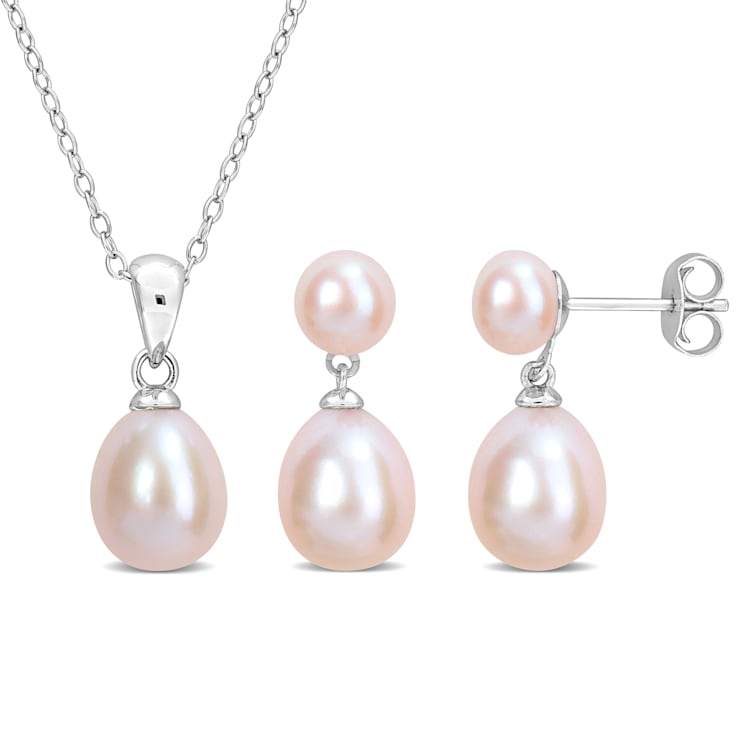 5.5-8.5MM Pink Freshwater Cultured Pearl Earrings & Pendant Set in
Sterling Silver