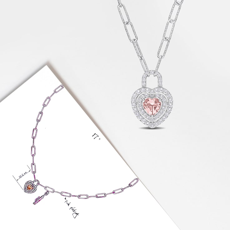 1 3/8 CT TGW Morganite and Created White Sapphire Double Halo Heart Lock
Necklace in Sterling Silver