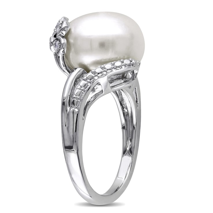 12-12.5MM Freshwater Cultured Pearl Ring with Diamonds in Sterling Silver