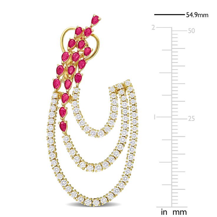 6 4/5 CT TGW Ruby and 3 1/4 Diamond Triple Row Earrings in 14K Yellow Gold