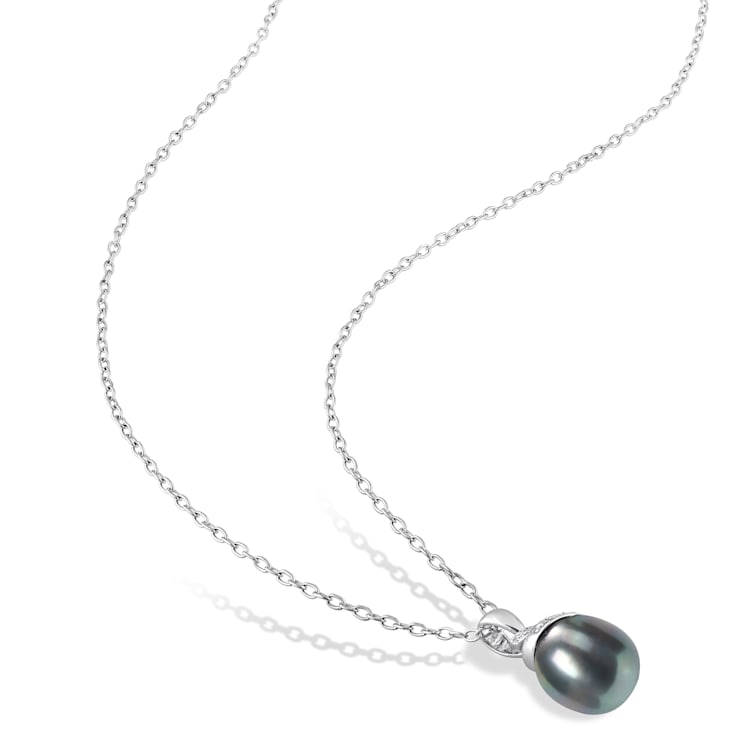 8-9MM Black Tahitian Cultured Pearl and Diamond Accent Pendant with
Chain in Sterling Silver
