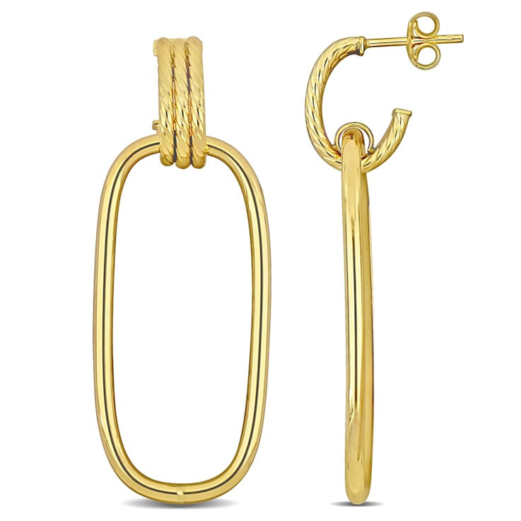 Open Huggie Hoop with Open Rectangular Drop Earrings in 10k Yellow Gold