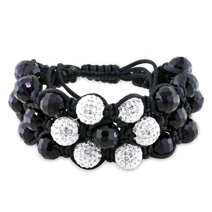 Shambhala Bracelet on Black Silk Cord with Black and White Cubic Zirconia Beads