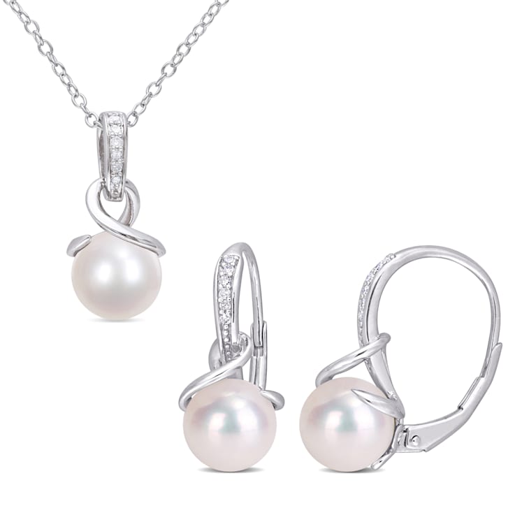 8-8.5MM Freshwater Cultured Pearl and 1/10 CT TW Diamond Pendant &
Earrings Set in Sterling Silver
