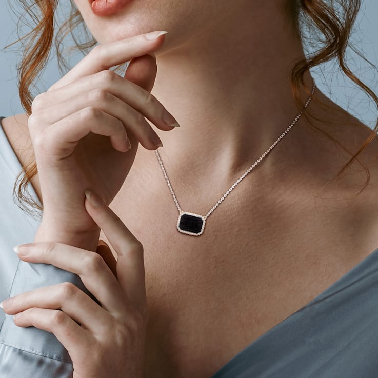 5 CT TGW Black Agate Necklace with Beaded Halo in Sterling Silver