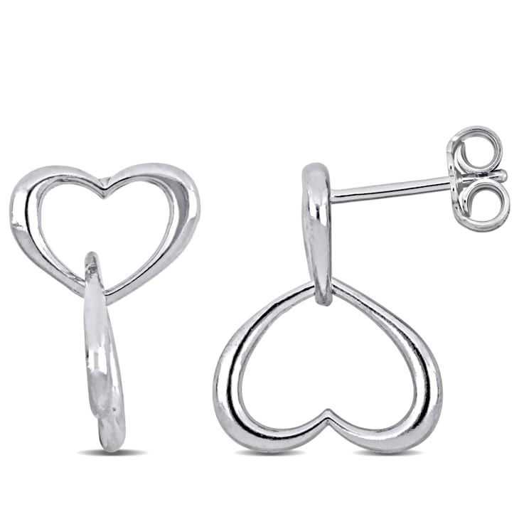 Double Heart Drop Earrings in Sterling Silver