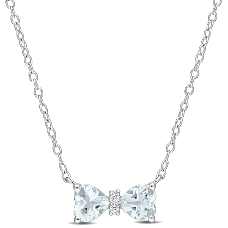 3/4 CT TGW Heart Aquamarine and Diamond Accent Bow Necklace in Sterling Silver